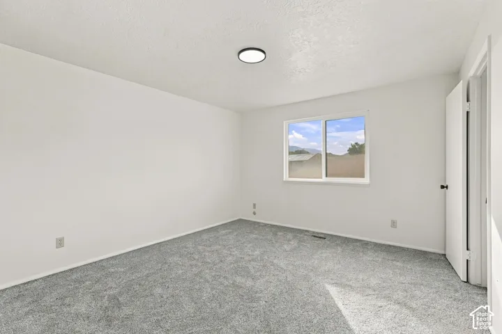 Light gray carpet, white painted walls, single window with white trim, and a flush-mount ceiling light fixture