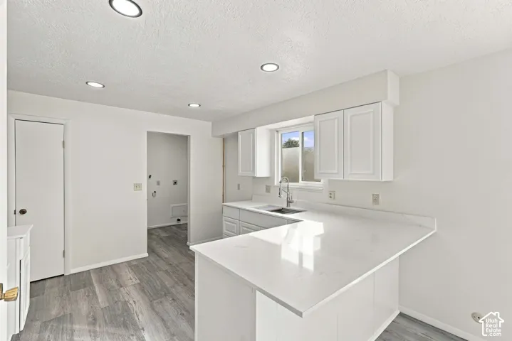 White shaker cabinetry with an integrated sink, light-toned countertops, and wood-finish flooring
