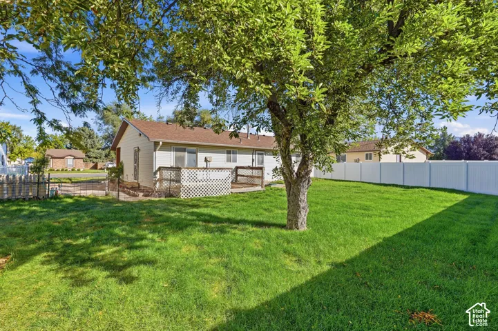 Expansive green lawn with mature tree, accompanied by a spacious deck and white privacy fencing