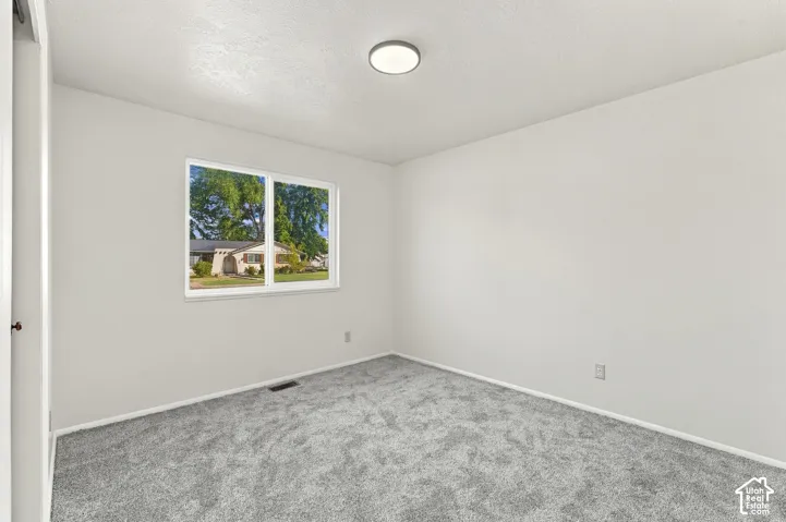 Bright interior space featuring a window, light-toned walls, gray carpeting, and an overhead flush-mount light fixture