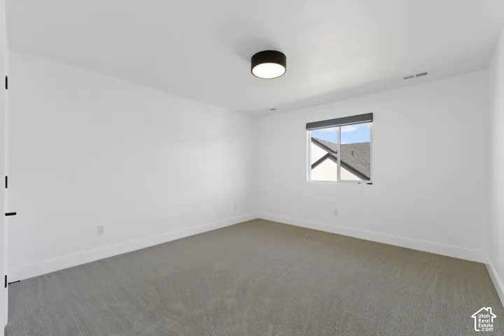 Neutral wall paint, gray carpeting, a window with a roller shade, and a modern ceiling light fixture