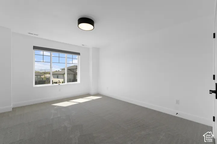 Textured carpeting, white walls, and a large multi-pane window with dark roller blind and black trim