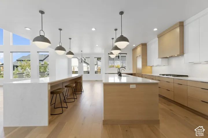 Open-concept kitchen with wood-finish flooring, white countertops, built-in stainless steel appliances, and a dedicated island with bar seating