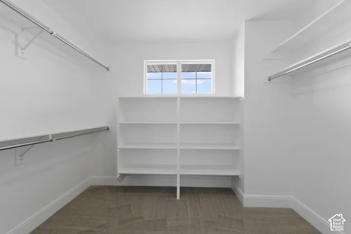 Spacious walk-in closet featuring white built-in shelving with multiple compartments, polished chrome hanging rods along both side walls, wood-finish flooring, and a transom window providing natural light