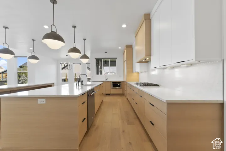 Contemporary kitchen featuring wood-finish flooring, an expansive island with a built-in sink, and pendant lighting