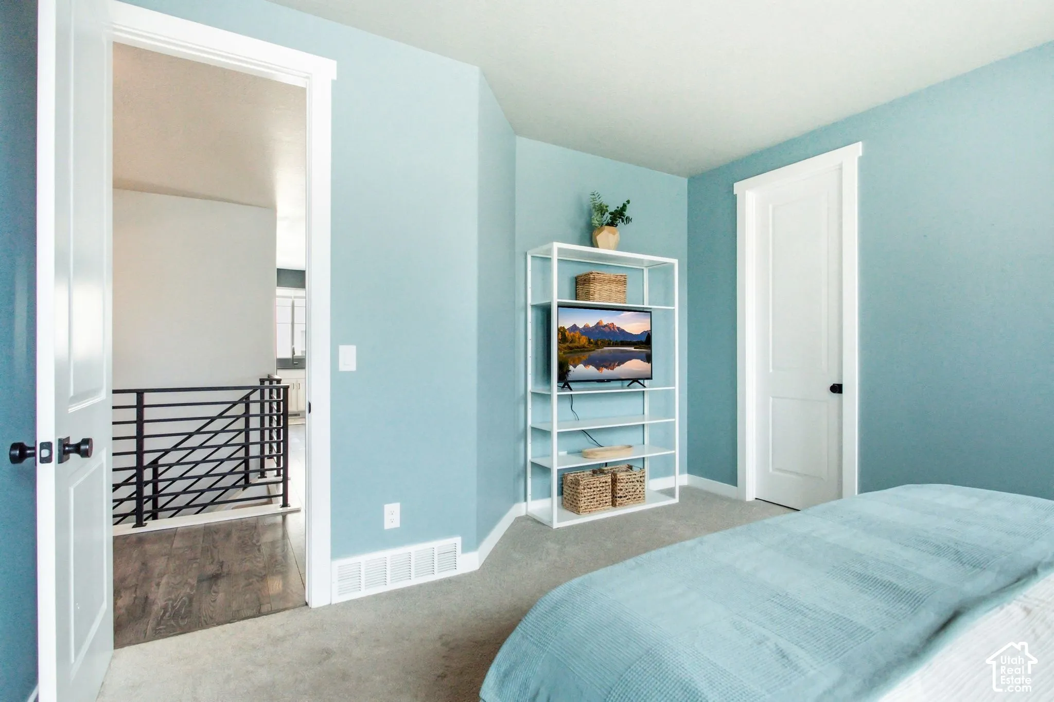Carpeted flooring, light blue wall paint, white trim, and a white door with black hardware