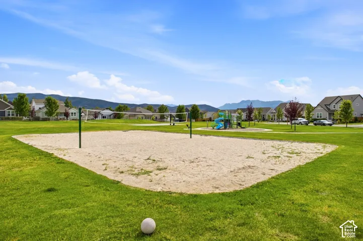 Expansive green space featuring a sand volleyball court, playground structure, and mature trees