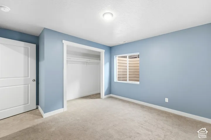 Recessed window with white trim, wall-to-wall carpeting, and a built-in closet with shelving
