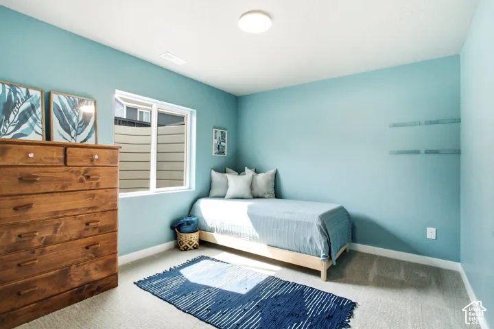 Light-colored wall-to-wall carpeting, white baseboards, and a single window with white trim