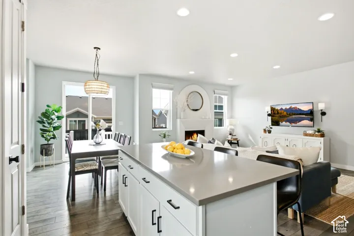 Open-concept living area with wood-finish flooring, a contemporary fireplace, and recessed lighting