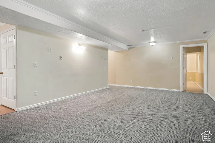 Expansive room featuring patterned carpet flooring, overhead lighting, and baseboard trim