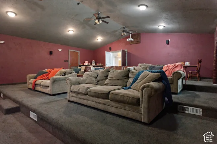 Tiered carpeting, recessed ceiling lighting, sloped ceiling, ceiling fans, and a mounted projector
