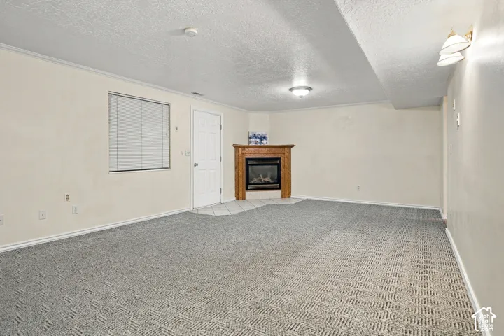 Recessed fireplace with a wood-finish mantel, patterned carpet flooring, and a window with blinds