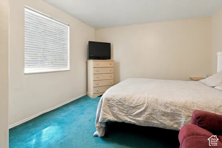 Window with horizontal blinds and teal carpeting