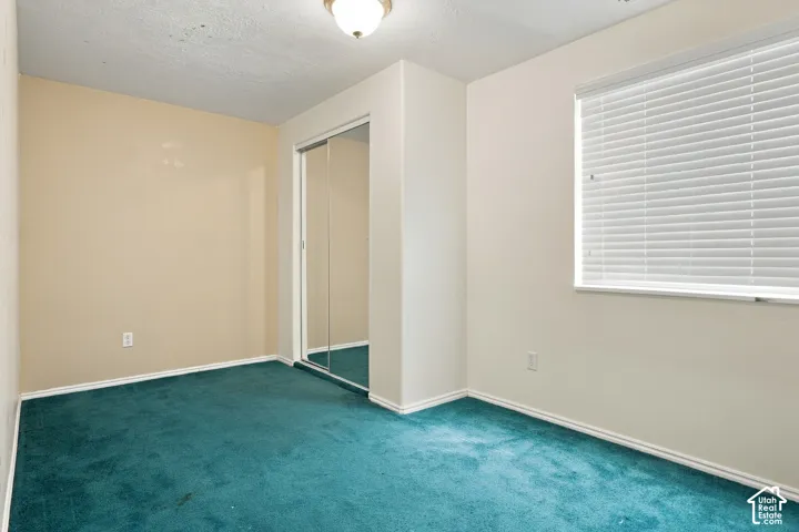 Room featuring a flush-mount ceiling light, window with horizontal blinds, and a mirrored sliding closet door