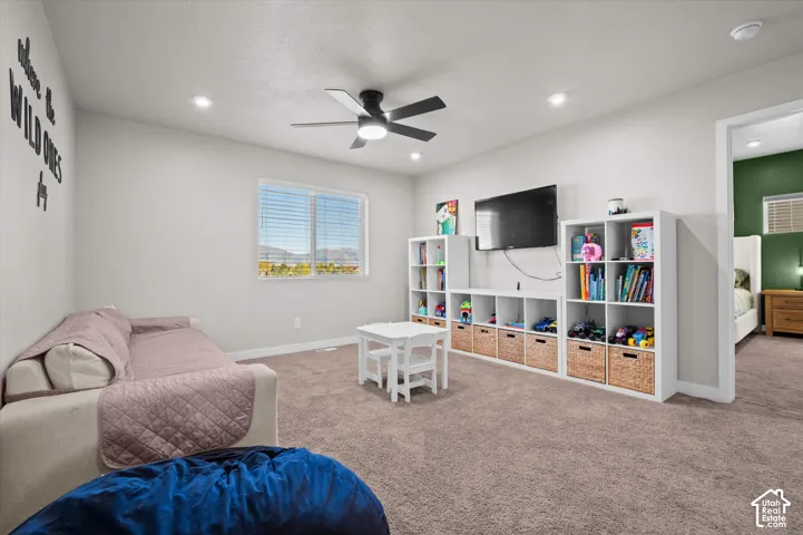 Spacious recreation room featuring carpet flooring, ceiling fan with integrated lighting, and built-in shelving with cubbies and woven storage baskets