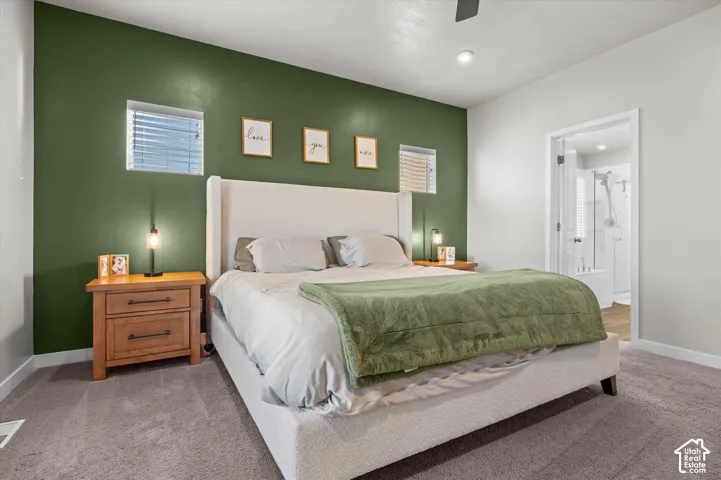 Carpeted flooring, recessed lighting, and a ceiling fan