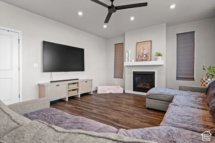 Wood-finish flooring, recessed lighting, and a black ceiling fan