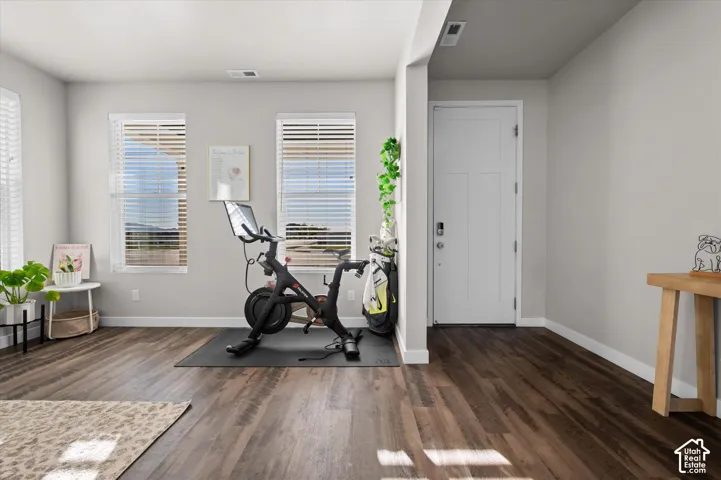 Wood-finish flooring throughout, multiple windows with blinds, and a white paneled entry door