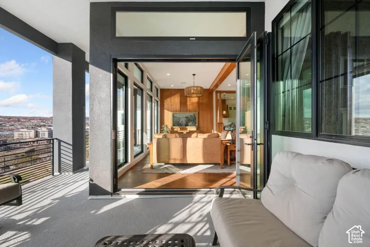 Expansive balcony with black metal railings