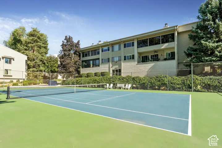 Blue and green tennis court