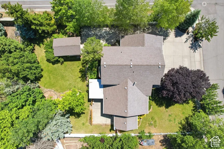 Expansive property featuring a brown shingle roof, lush green lawn, mature trees, and a detached outbuilding