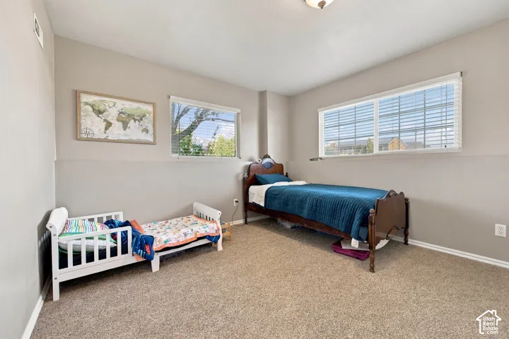 Carpeted room featuring two windows with horizontal blinds and neutral-toned walls