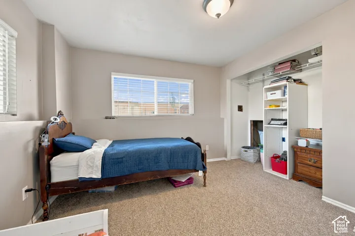 Carpeted room with a ceiling-mounted light fixture, two windows with blinds, and built-in closet shelving