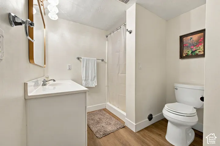 Bathroom featuring a white vanity with an integrated sink, polished chrome faucet, wood-finish flooring, and a shower with a white curtain
