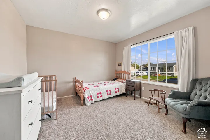 Expansive window with grid panes, textured neutral-toned walls, and plush carpet flooring