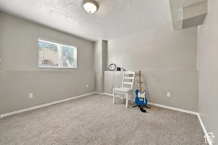 Wall-to-wall carpeting, recessed window with blinds, flush mount ceiling light, and neutral wall tones