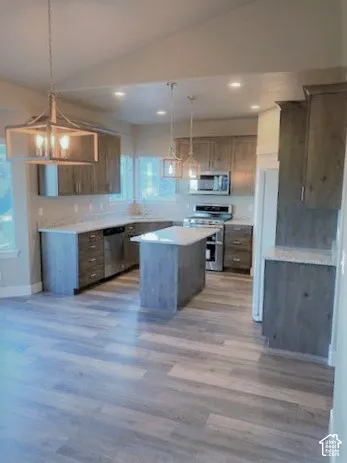 Gourmet kitchen featuring vaulted ceilings, wood-finish flooring, stainless steel appliances, a central island, and pendant lighting