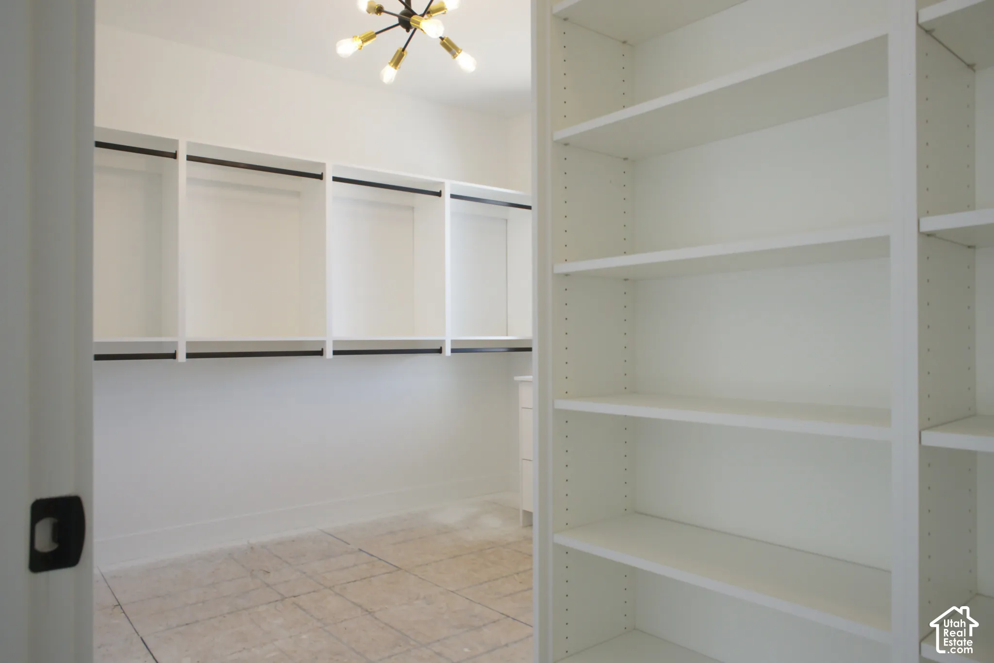 Integrated closet system featuring white shelving, black hanging rods, and a Sputnik-style ceiling light