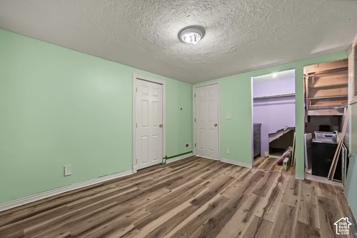 Room featuring wood-finish flooring, two interior doors, and two open-access storage areas with overhead lighting