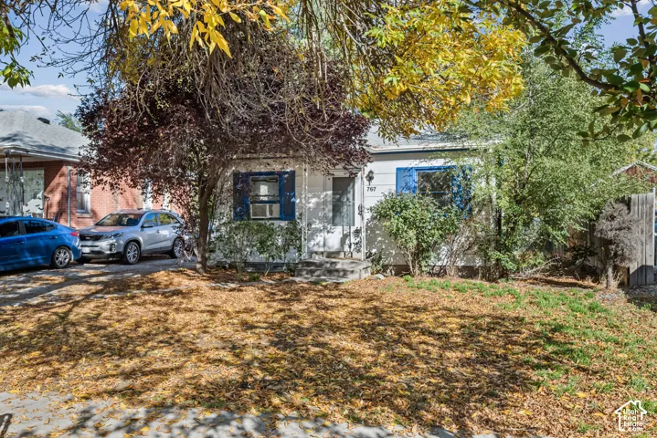 Single-story residence featuring horizontal lap siding, blue shutters, mature trees, and a paved side driveway