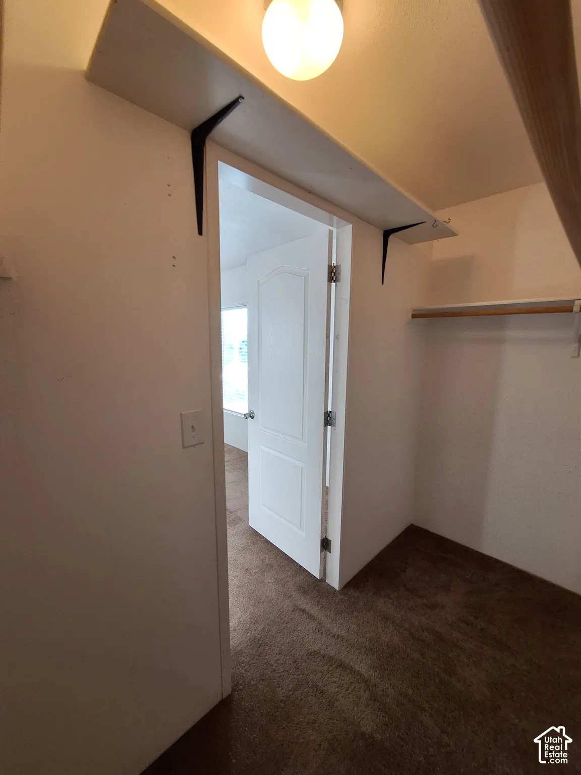 Closet space featuring carpeted flooring, a built-in hanging rod, and an overhead light fixture
