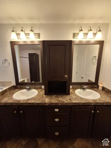 Dual vanity with oval sinks, dark wood-finish cabinetry, and a central storage tower