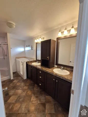 Dual sink vanity with dark wood-finish cabinetry, a large built-in mirror, and overhead lighting