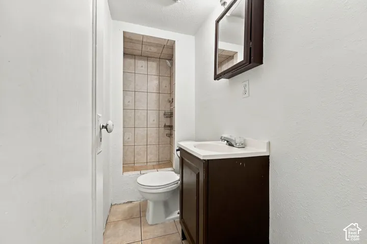 Bathroom featuring a shower stall with tile surround, a toilet, and a vanity with a built-in sink