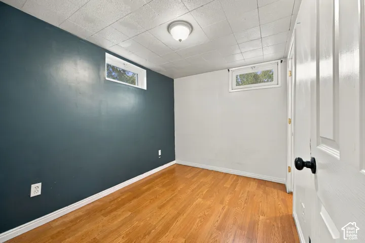 Wood-finish flooring, white paneled door, and recessed windows