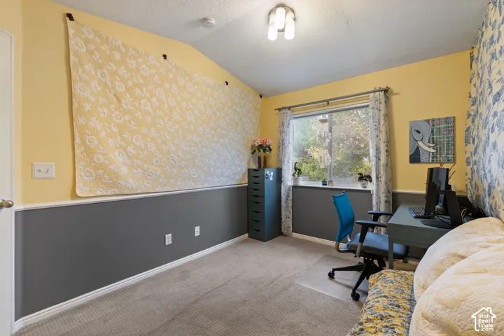 Carpeted flooring, window with natural light, textured ceiling, built-in lighting fixture, decorative wall treatment