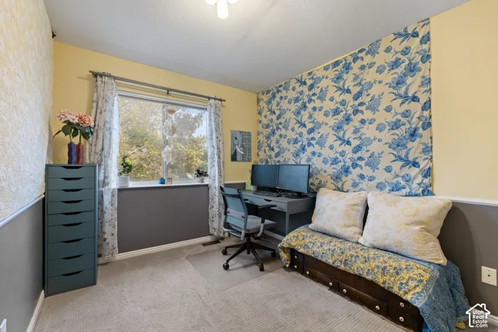 Wall-to-wall carpeting with a light-colored finish, window with a white frame, and a textured wall finish