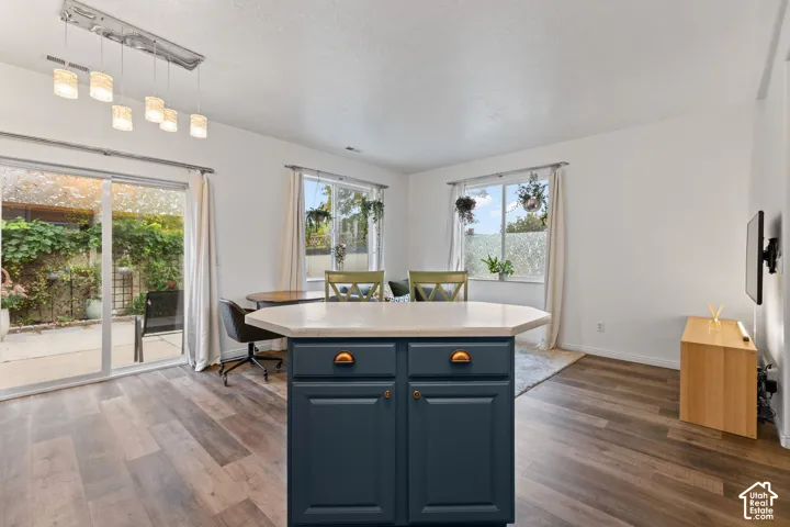 Wood-finish flooring throughout, a central island with deep blue cabinetry and light-toned countertop, and a multi-light linear pendant fixture