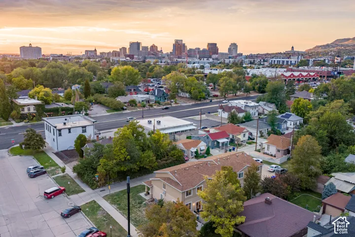 Expansive urban landscape featuring a distant city skyline, mature trees, and residential architecture