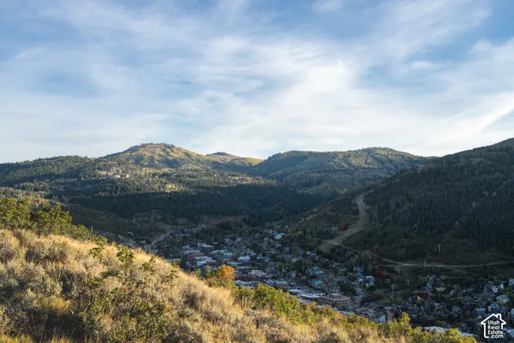 Expansive mountainous landscape featuring distant residential structures, dense evergreen tree coverage, and prominent natural terrain