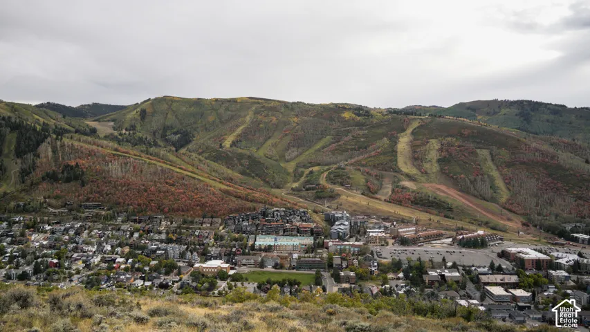 Mountain landscape featuring a town with varied residential and commercial structures, bordered by expansive parking areas and a prominent ski slope