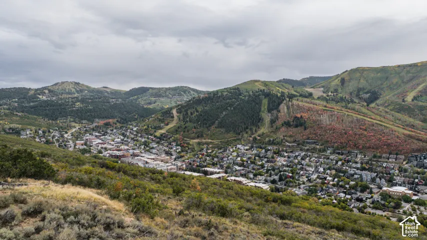 Expansive mountain scenery with diverse foliage, featuring a concentrated urban area nestled among rolling hills