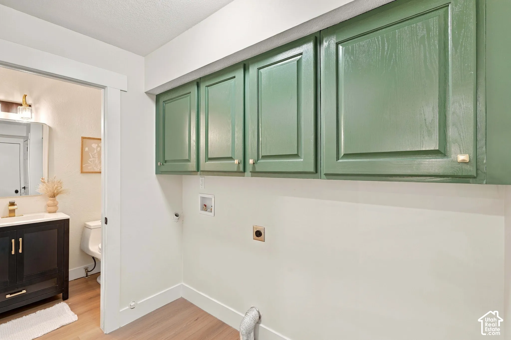Green shaker-style cabinetry with gold-tone hardware