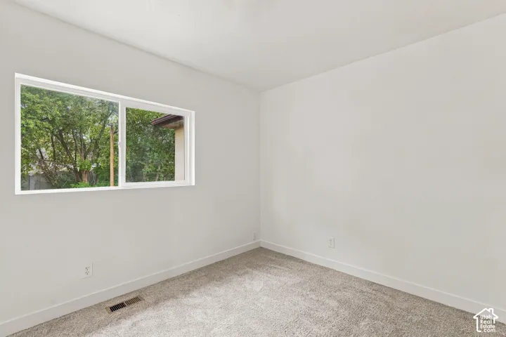 Light-colored carpeting, white painted walls, and a large window