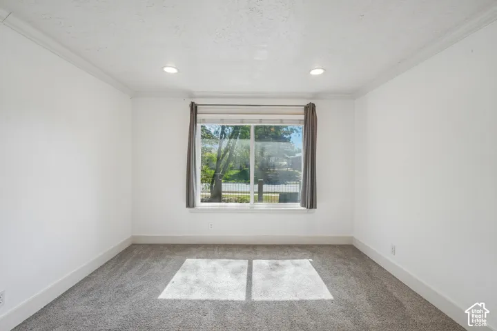 Recessed ceiling lighting, crown molding, double-pane window, and carpet flooring